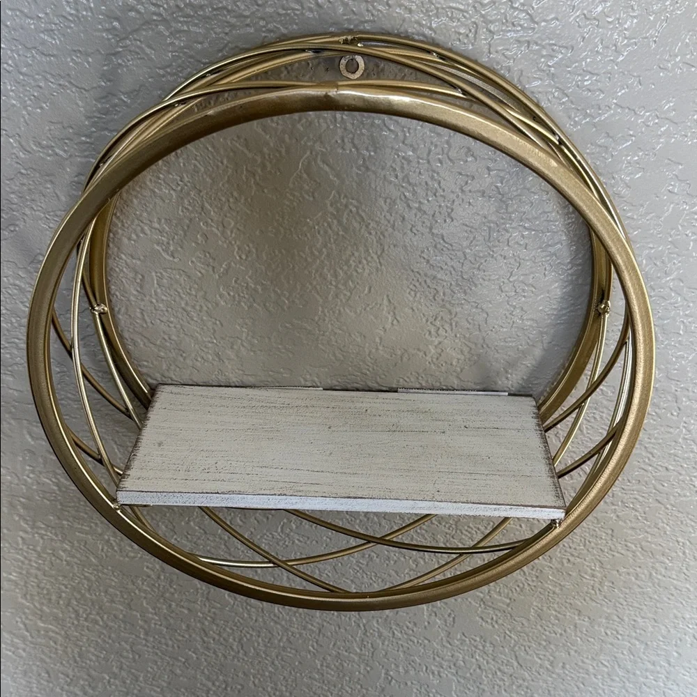 Gold Circular Wall Shelf - Gold toned and wood shelf